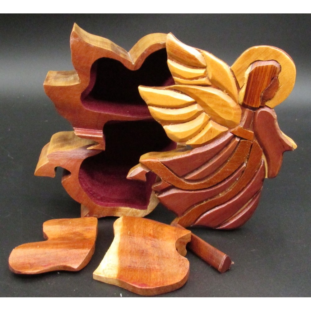 Hand Carved Wooden Angel Trinket Treasure Puzzle Box Hand Made Christmas